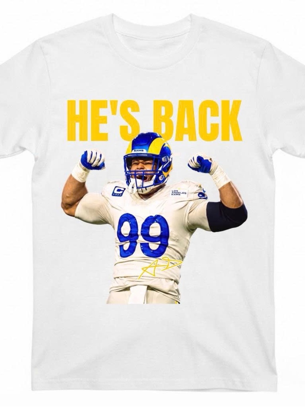 Gildan Shirt Aaron Donald NFL White Graphic Tee with Yellow "He's Back"
